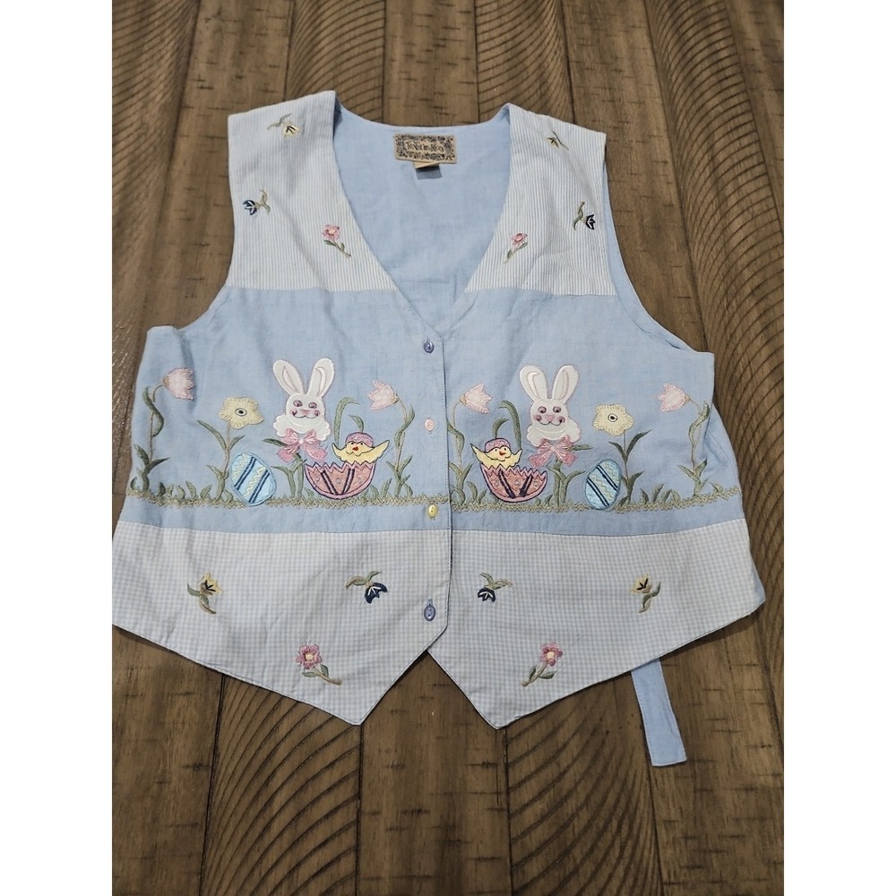 Vintage Tantrum Blues Vest Easter Floral Bunny Chick Cotton Cottage Grandmacore - Picture 11 of 13
